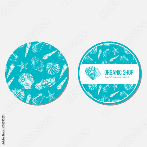 Seashells hand drawn vector ink sketch isolated on blue background, seamless animal pattern, underwater decorative marine blue texture, template label, layout design for card, beauty salon, cosmetic