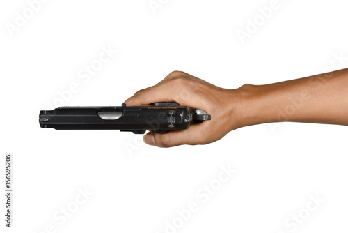 a hand with handgun single right hand style view from above