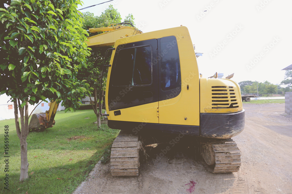 closeup backhoe standby waiting excavation of soil piling work closeup backhoe standby waiting excavation of soil piling work