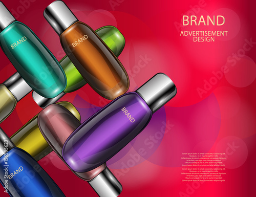 Glamorous Cosmetic Bottles, Jars on the Sparkling Effects Background. Mock-up 3D Realistic Vector illustration for design,