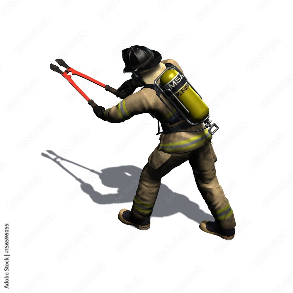 Firefighter cuts with pincer - isolated on white background - 3D illustration Firefighter cuts with pincer - isolated on white background - 3D illustration