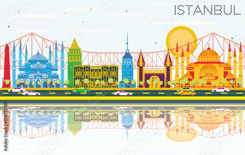Istanbul Skyline with Color Landmarks, Blue Sky and Reflections.