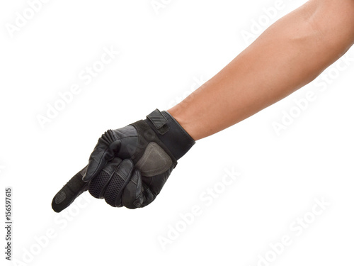 Motorcycle glove and hand signal to beware obstruction on road i