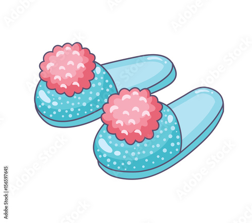 Blue home slippers with pink pompoms isolated.