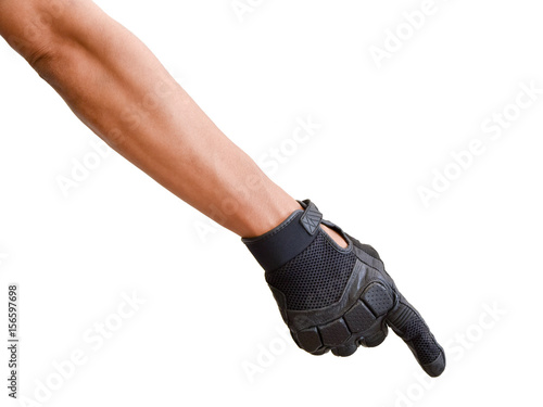 Motorcycle glove and hand signal to beware obstruction on road i