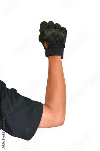 Motorcycle glove and hand signal slow down or stop isolated on w