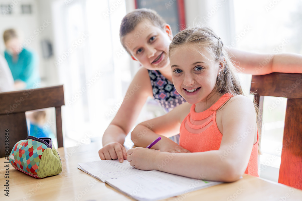 Fototapeta premium cute teen girl doing homework at home