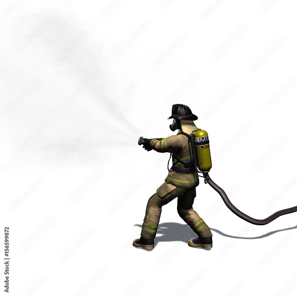 Naklejka premium Firefighter with water hose - isolated on white background - 3D illustration