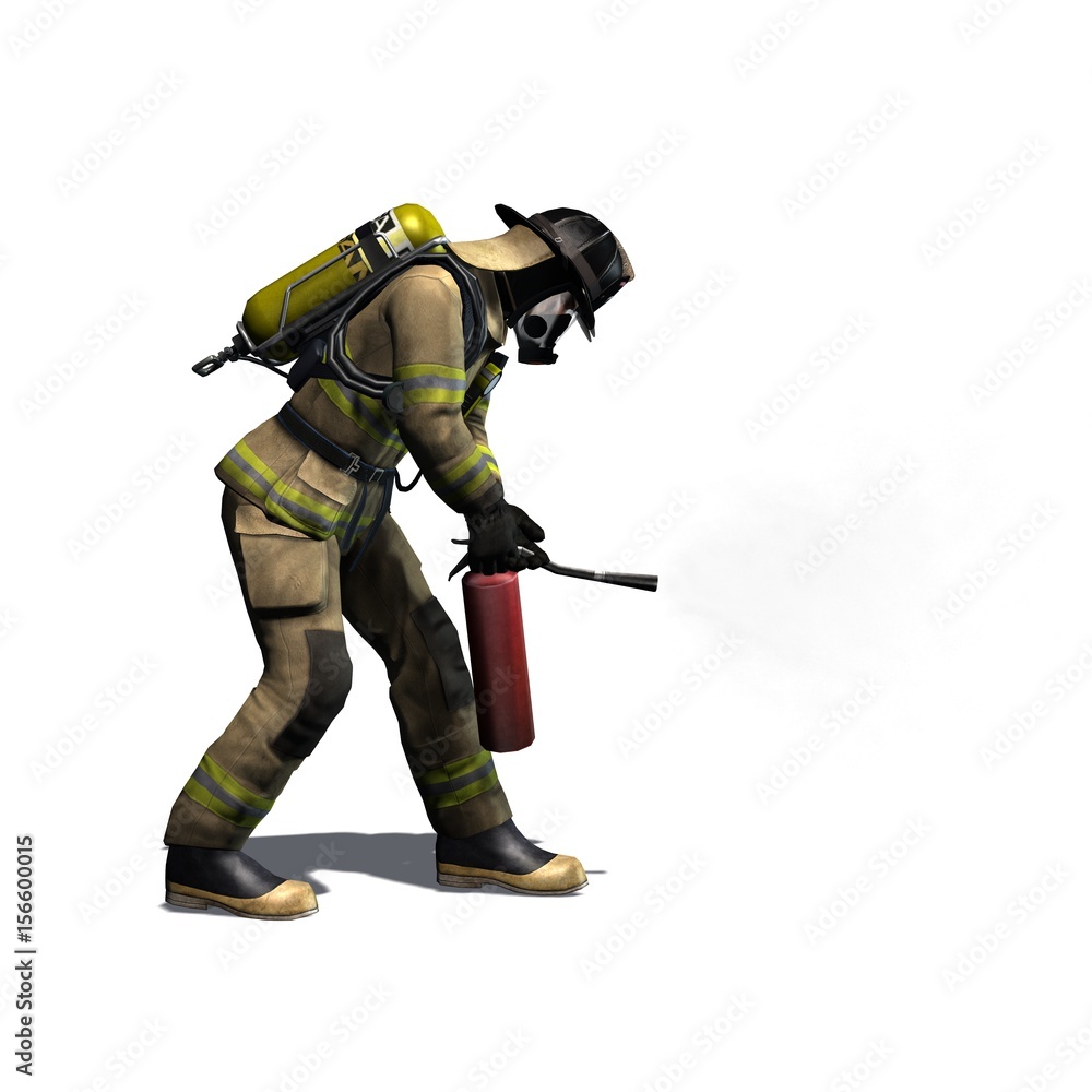 Firefighter with fire extinguisher - isolated on white background - 3D illustration Firefighter with fire extinguisher - isolated on white background - 3D illustration