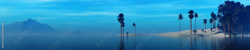Panorama of the tropical shore, palm trees on the beach, island in the ocean, 3d rendering
