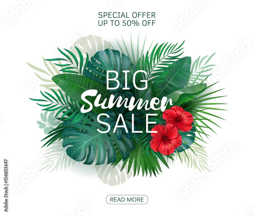 Sale banner. Tropical flowers, leaves and plants background. Vector