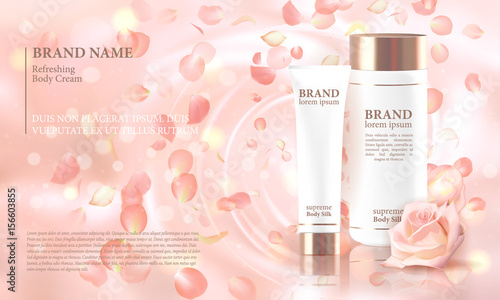 Rose flower extract cosmetic ads template, realistic 3D illustration skincare moisturizing mockup elegant glow bokeh background flying petal. Promoting vip luxury promo poster