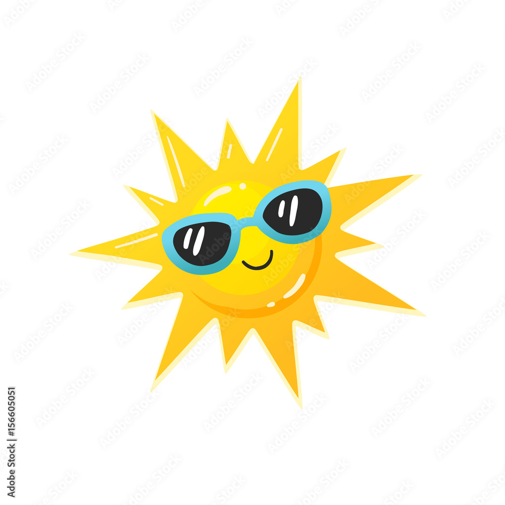 Bright cartoon sun in sunglasses icon. Colorful smiling sun symbol ...