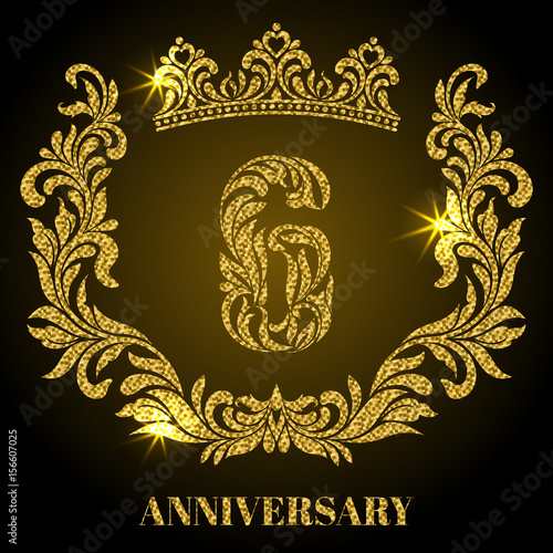 Anniversary of 6 years. Digits, frame and crown made in swirls and floral elements with gold glitter and sparkle