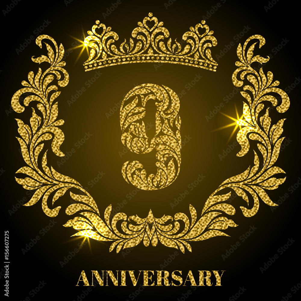 Anniversary of 9 years. Digits, frame and crown made in swirls and