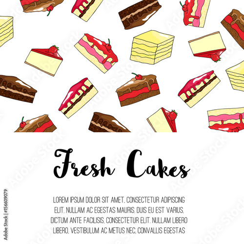 Card template with hand drawn pieces of cakes for flyer, brochure, card.