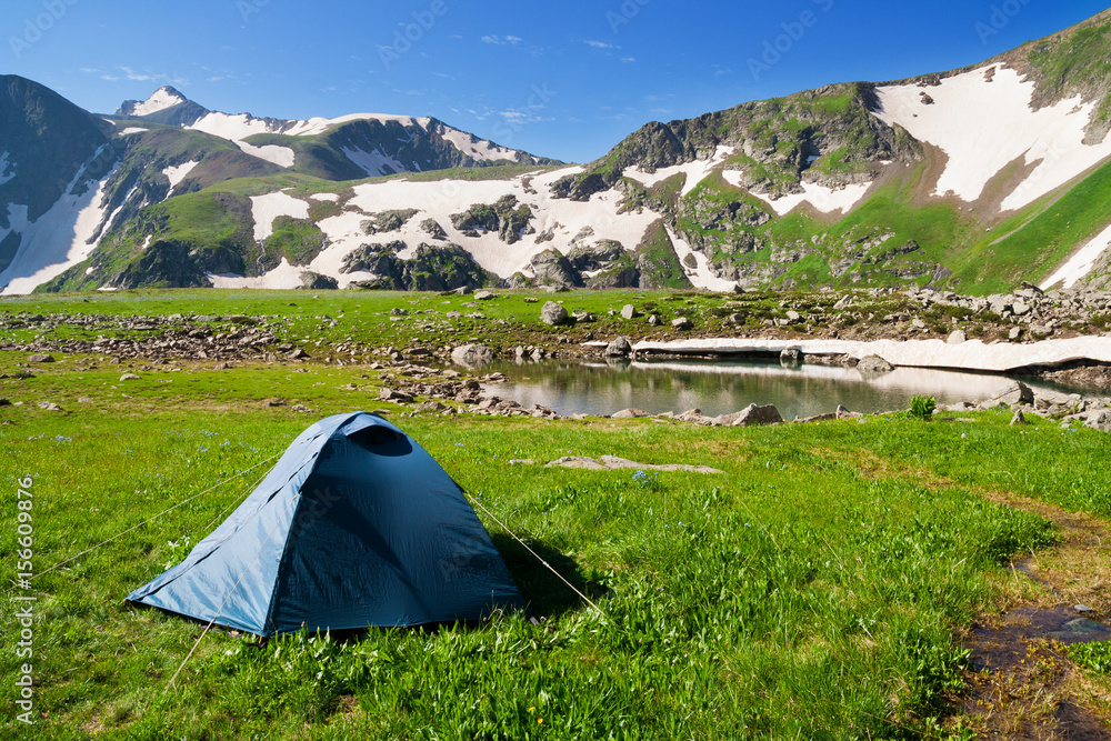 Tourist tent on alpine meadows