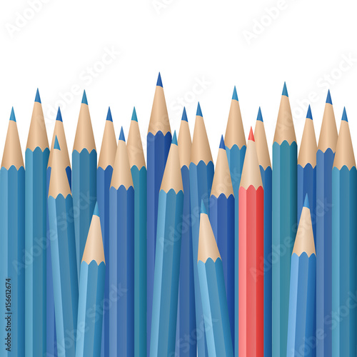 Single red pencil stands out amongst many blue pencils. School supplies concept. Vector illustration