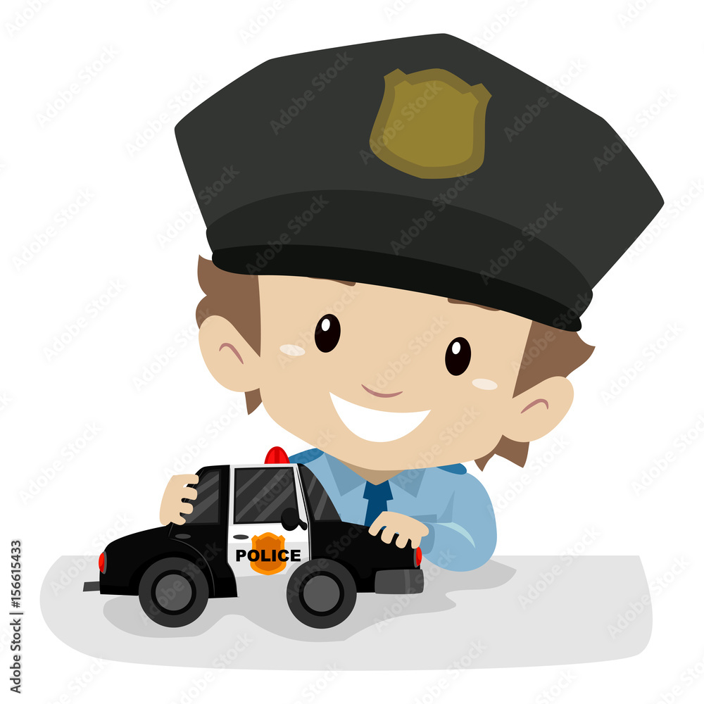 Vector Illustration of a Little Boy wearing a Police uniform while playing Police Car Vector Illustration of a Little Boy wearing a Police uniform while playing Police Car