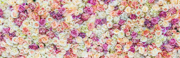Flowers wall background with amazing red and white roses, Wedding decoration, hand made