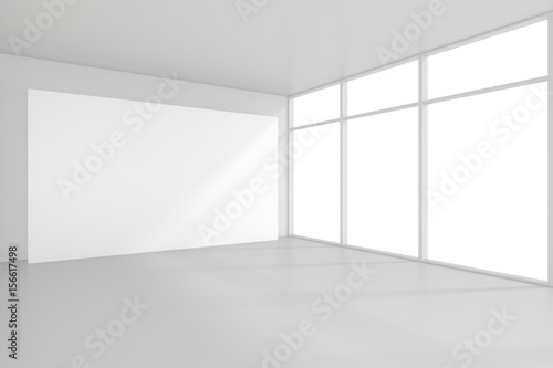 Blank white billboard in empty room with big windows  mock up  3D Rendering.