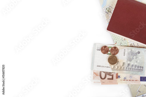 Money (Euro), passport and map on a white background. Space for text. Toned