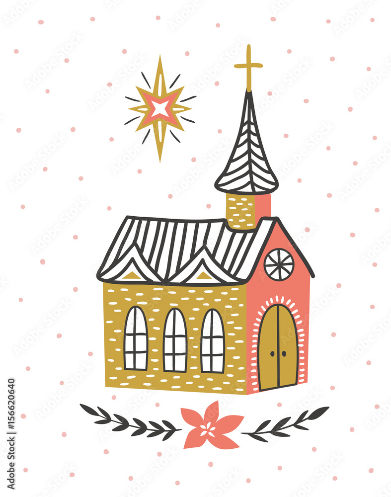 Hand drawn vector card with the Catholic temple and star of Bethlehem. Christmas print design.