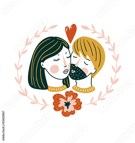 Valentine S Day vector card. Lovely girl and boy kiss in scandinavian style. Love print for t-shirt.