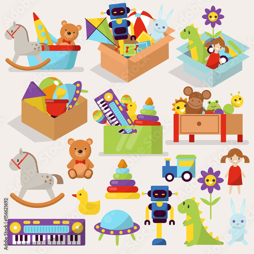 Boxes of kid toys vector illustration stuffed blocks cartoon cute graphic play childhood gift container.