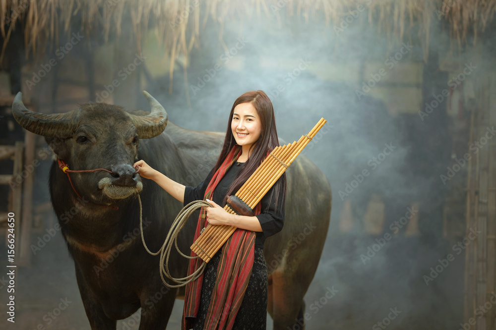 woman wearing laos traditional dress costume,vintage style,Laos culture,Laos