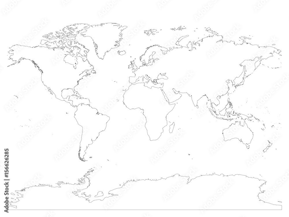 High detailed outline of world map with Antarctica. Simple thin black vector stroke on white background. High detailed outline of world map with Antarctica. Simple thin black vector stroke on white background.