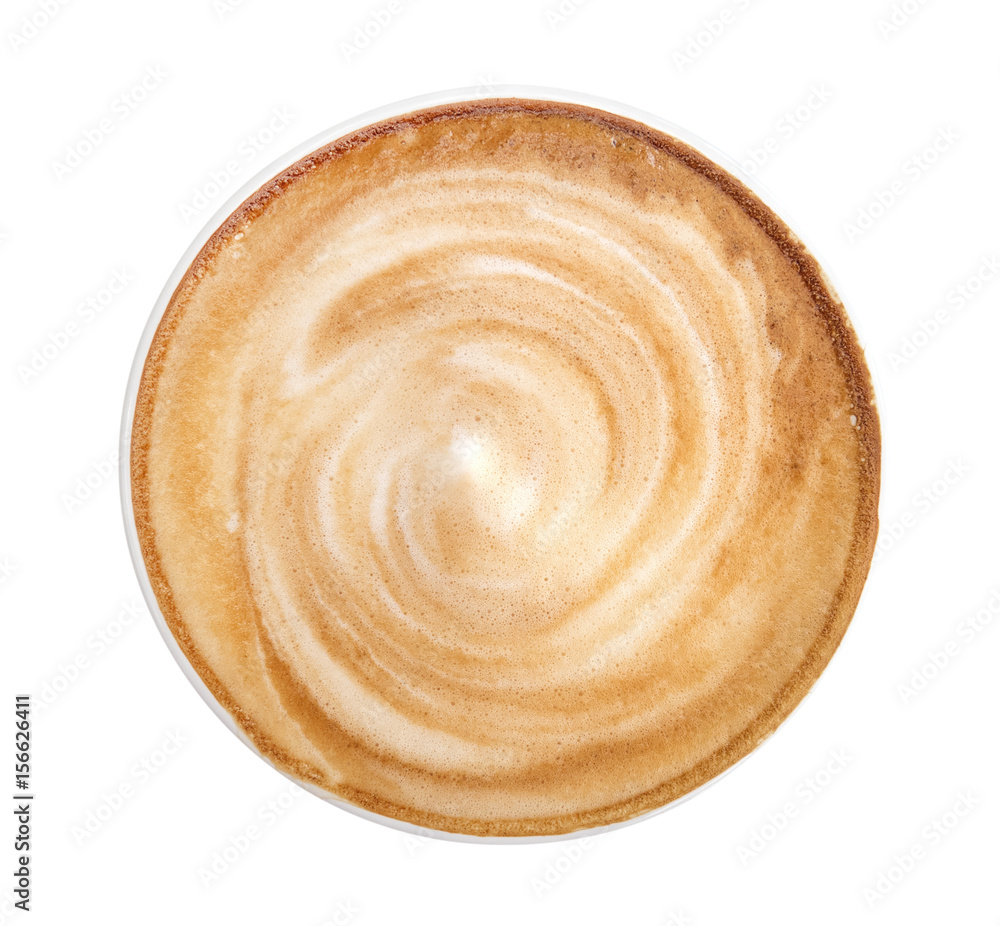 Top view of hot coffee latte cappuccino spiral foam isolated on white background, clipping path included Top view of hot coffee latte cappuccino spiral foam isolated on white background, clipping path included