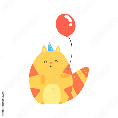 Lovely cartoon red cat in a blue party hat holding balloon. Happy Birthday colorful vector Illustration