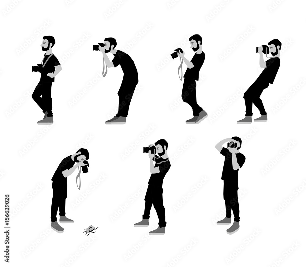 Obraz premium Vector Illustration of photographer taking a photo using camera. Flat illustration of young male character standing full length and shooting. Character set.