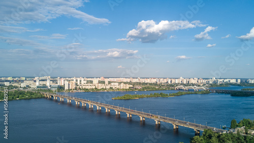 Aerial top view of Paton bridge and Dnieper river from above, city of Kiev, Ukraine 