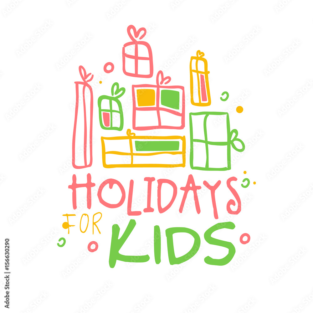 Holidays kids promo sign. Childrens party colorful hand drawn vector Illustration