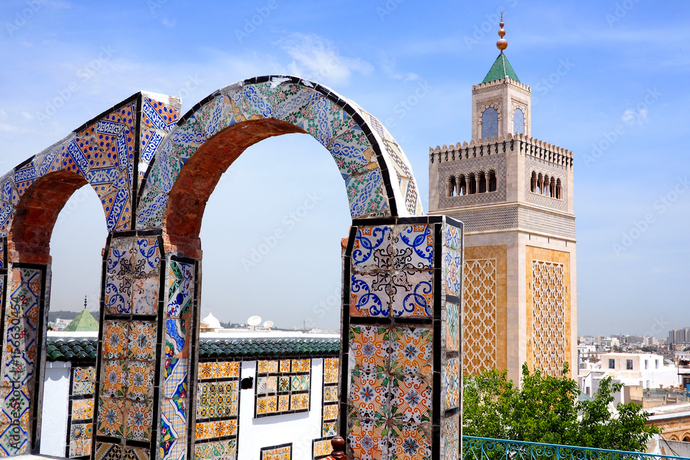 rooftop view of the mosque in tunis - obrazy, fototapety, plakaty 