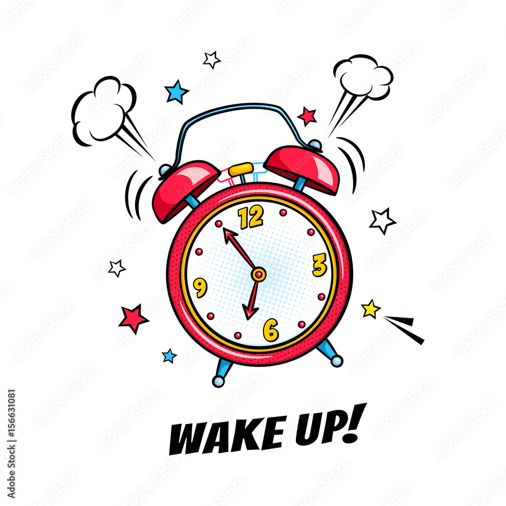 Vecteur Stock Comic alarm clock ringing and expression with wake up text.  Vector bright dynamic cartoon object in retro pop art style isolated on  white background. | Adobe Stock