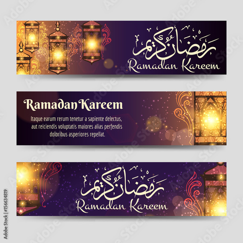 Ramadan Kareem banners template with lamp, lights and calligraphy. Vector illustration