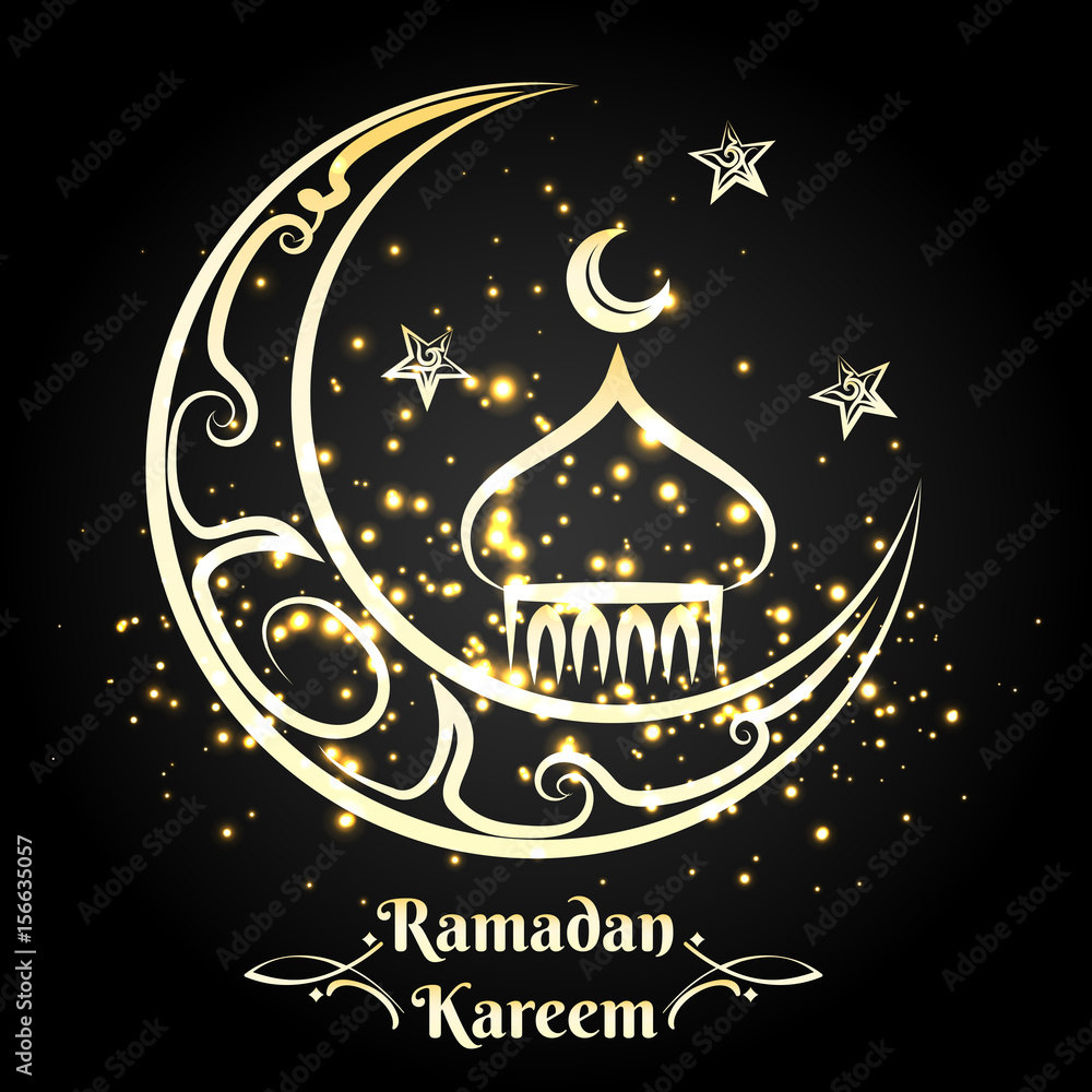 Ramadan Kareem logo design, vector illustration. Golden arabic mosque with  moon and stars on black background Stock Vector | Adobe Stock