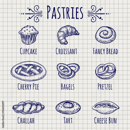 Ballpoint pen drawing bakery or pastries meal on notebook page background. Vector illustration