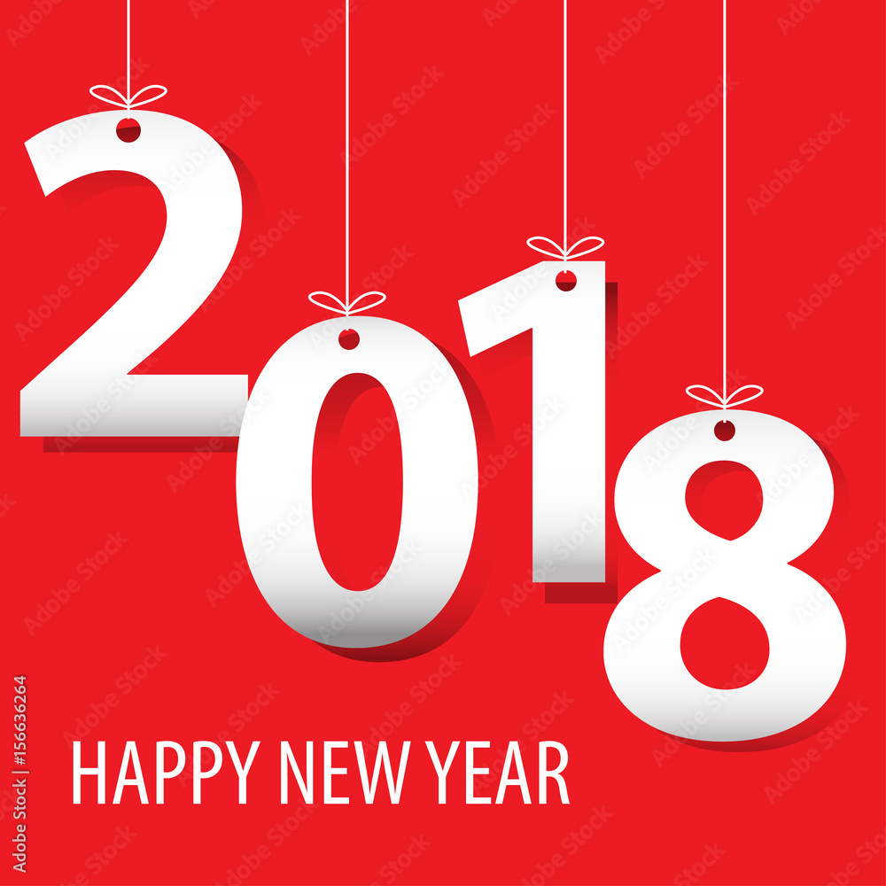 Happy New Year 2018 white number paper cut on red background design for countdown holiday festival vector illustration. Happy New Year 2018 white number paper cut on red background design for countdown holiday festival vector illustration.