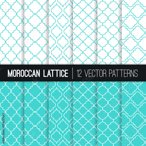Turquoise Moroccan Lattice Seamless Vector Patterns. Set of 12 Modern Elegant Backgrounds. Classic Quatrefoil Trellis Ornament. Vector Pattern Tile Swatches Included.