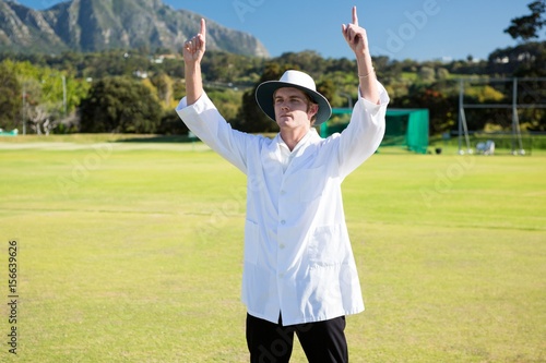 Tablou pe pânză Low angle view of cricket umpire signaling six