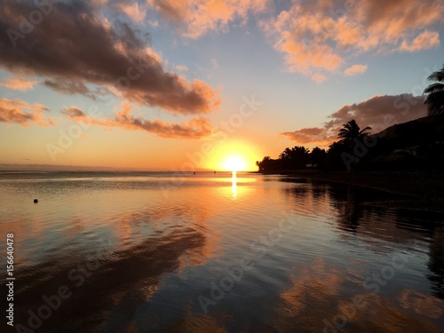 Beautiful sunset at the beach of Atimaono, Tahiti, French Polynesia