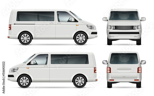 Mini bus vector template for car branding and advertising. Isolated city minibus on white. All layers and groups well organized for easy editing and recolor. View from left and right side, front, back