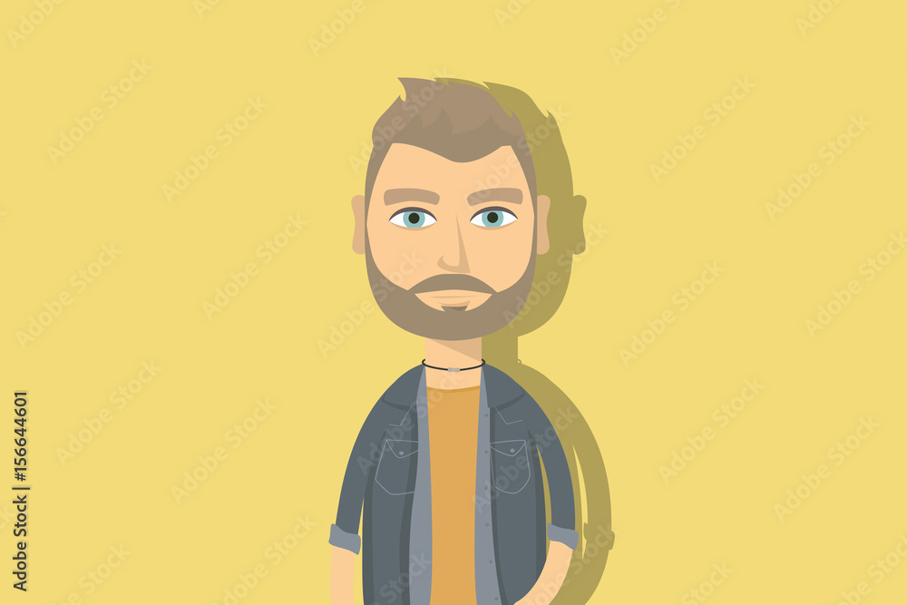 Hipster cartoon character. Man with beard and necklace. Flat vector illustration.	