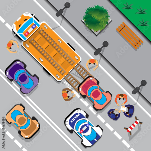 Evacuation of cars on the street. View from above. Vector illustration.
