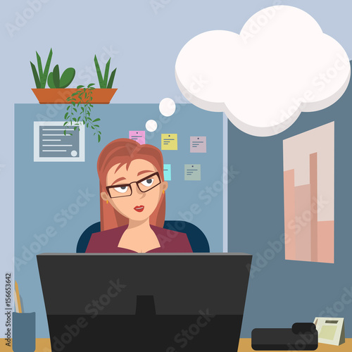 woman with dreaming bubble at office cubicle