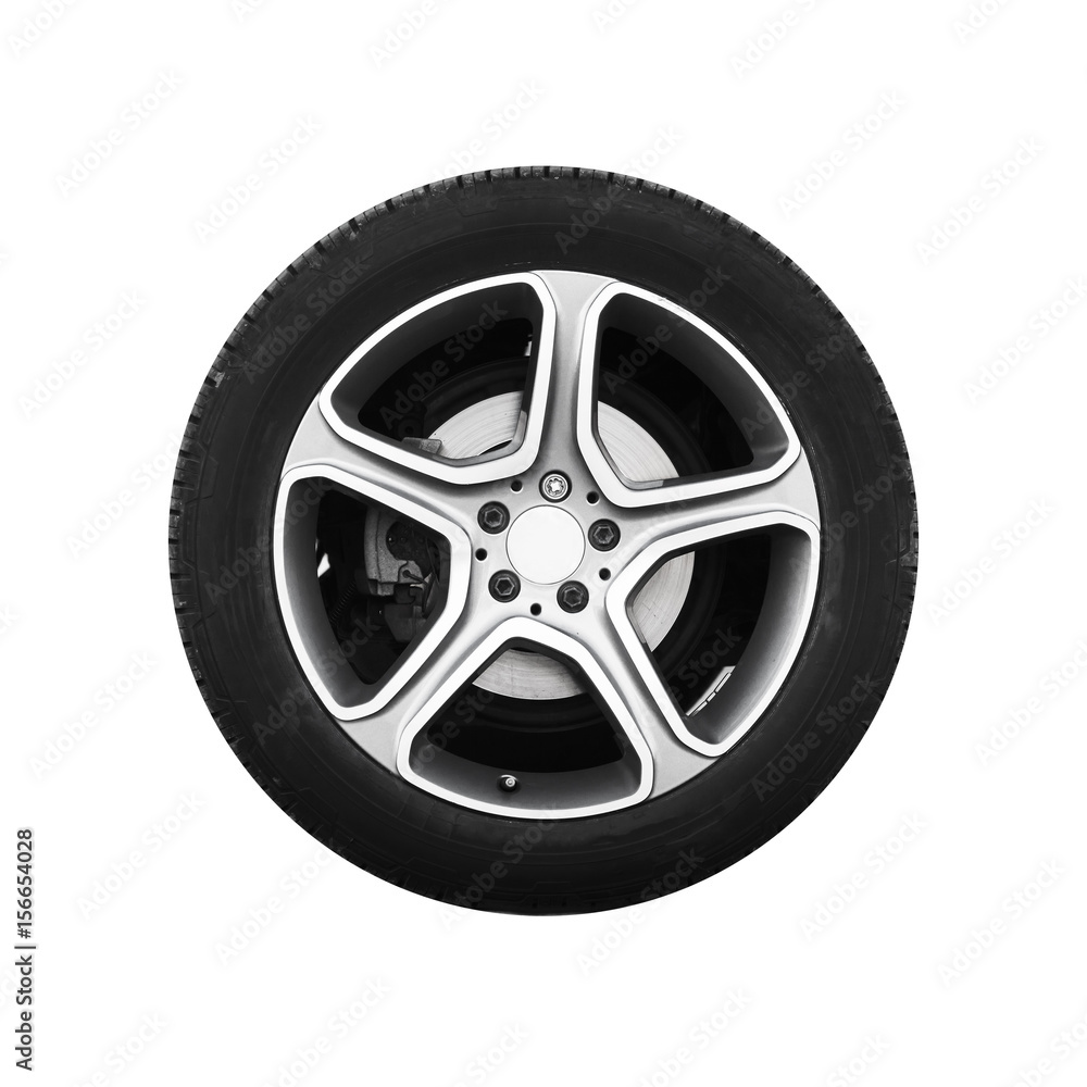 Car wheel on light alloy disc isolated on white